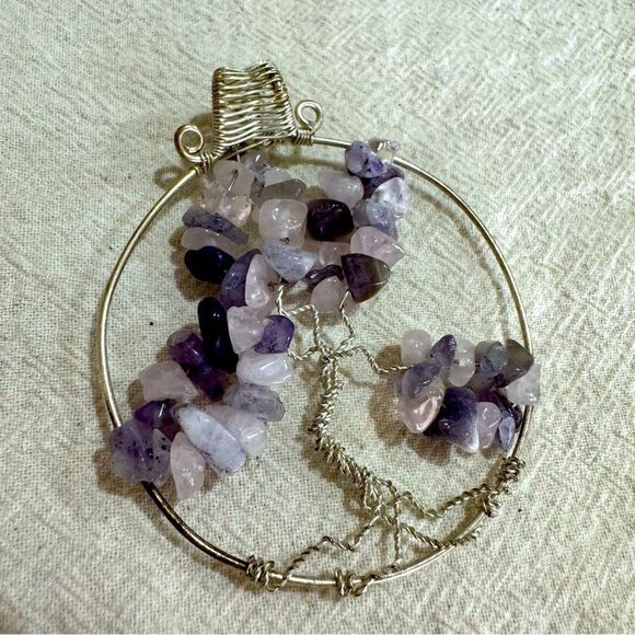 Handcrafted Amethyst and Rose Quartz Tree of Life Pendant - Picture 2 of 4